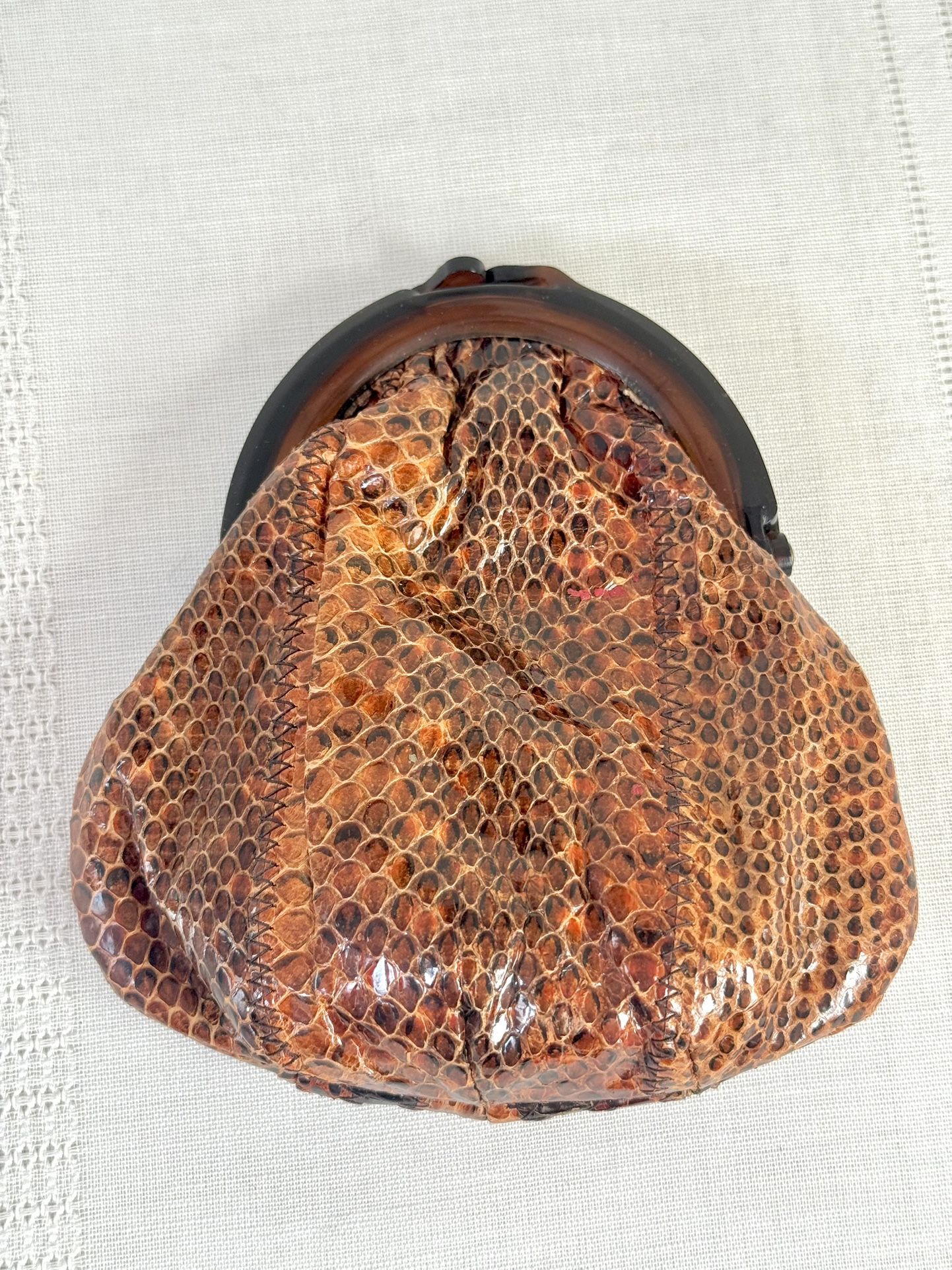 Vintage 1940s Brown Snakeskin Clutch or Coin Purse, Bakelite Top, Made in Italy