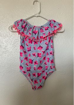 Nicole Miller girls pink and blue striped ruffle neck one piece swimsuit size 7/8