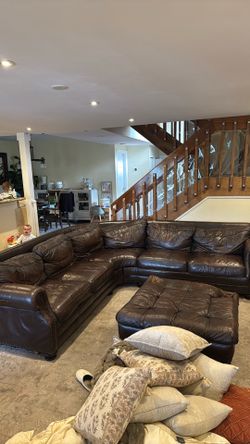Must go custom brown leather couch and ottoman