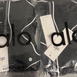 AAlo Women's Black & White Striped Leggings & Sports Bra Set Contrast Trim