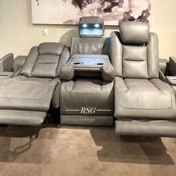The Man Den Genuine Leather Gray Power Reclining Sofa, Loveseat, Recliner Heat And Massage System 👉 PLEASE ASK FOR JON GREEN WHEN YOU ARRIVE!