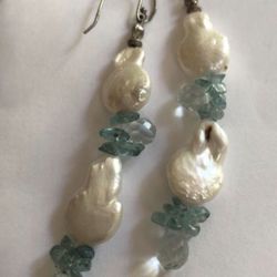 Coin pearls and apatite chips and aquamarine briolette