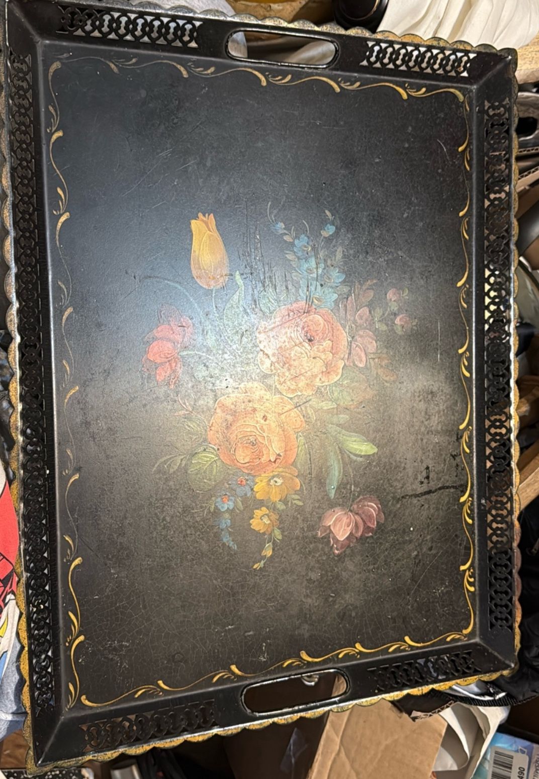 Vintage Hand Painted Floral Toleware Serving Tray