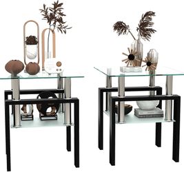 Glass End Tables Living Room Set of 2, Small Glass Table, Black Side Table with Tempered Glass Top, Metal Frame, for Living Room Bedroom (Black, 2Pcs 
