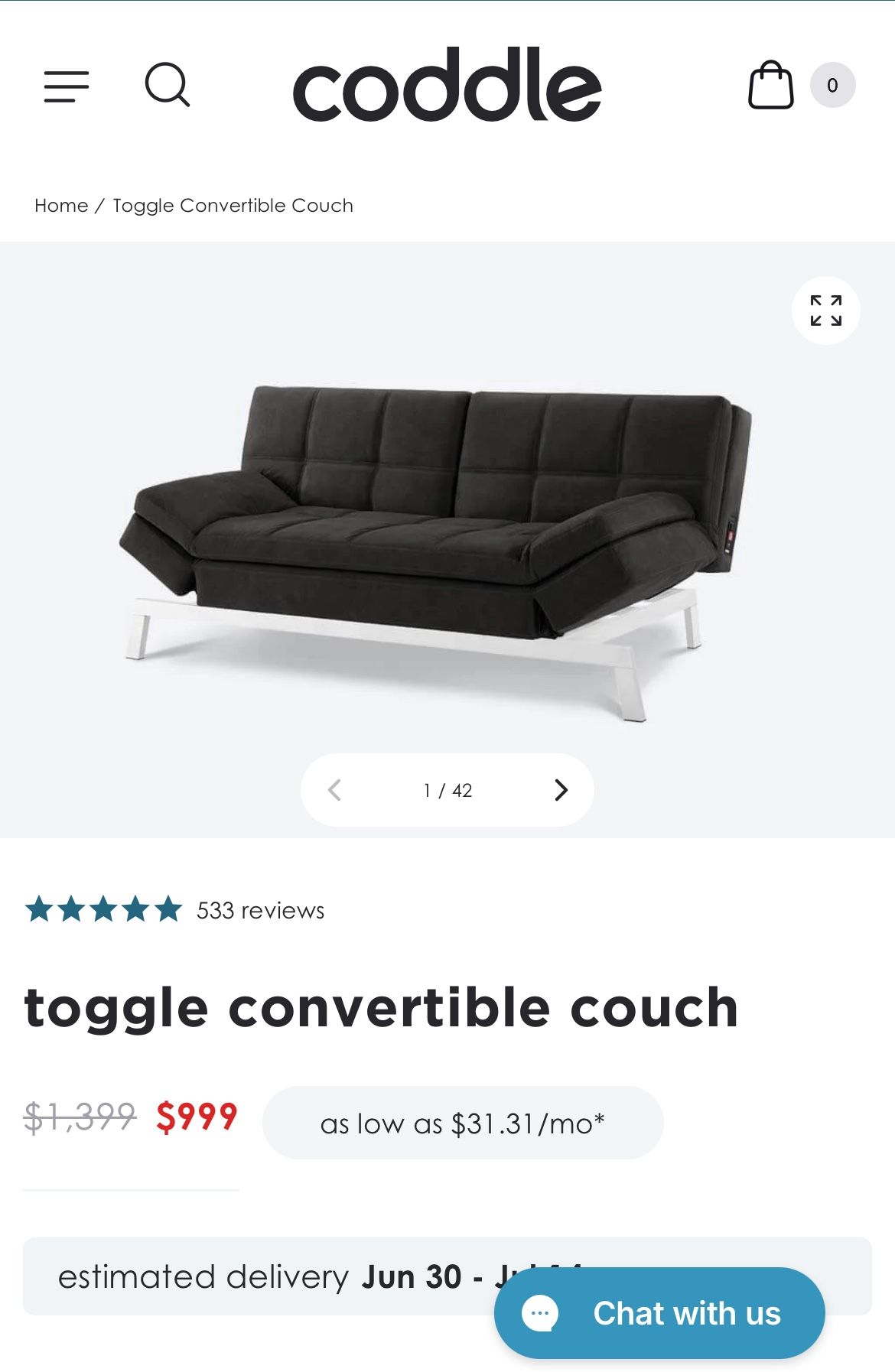 Coddle Convertible Sofa/Sleeper - LIKE NEW