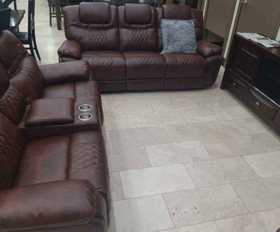 Going out of business sale. Santiago Brown, leather reclining sofa and loveseat set now $1099. Easy finance option. Same day delivery.