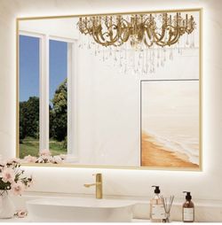 48"X 36" Bathroom Mirror Backlit With Gold Frame, Dimmable Backlight LED Lighted Vanity Mirror With Shatter-Proof, Memory, 3 Colors, Anti-Fog Mirror W