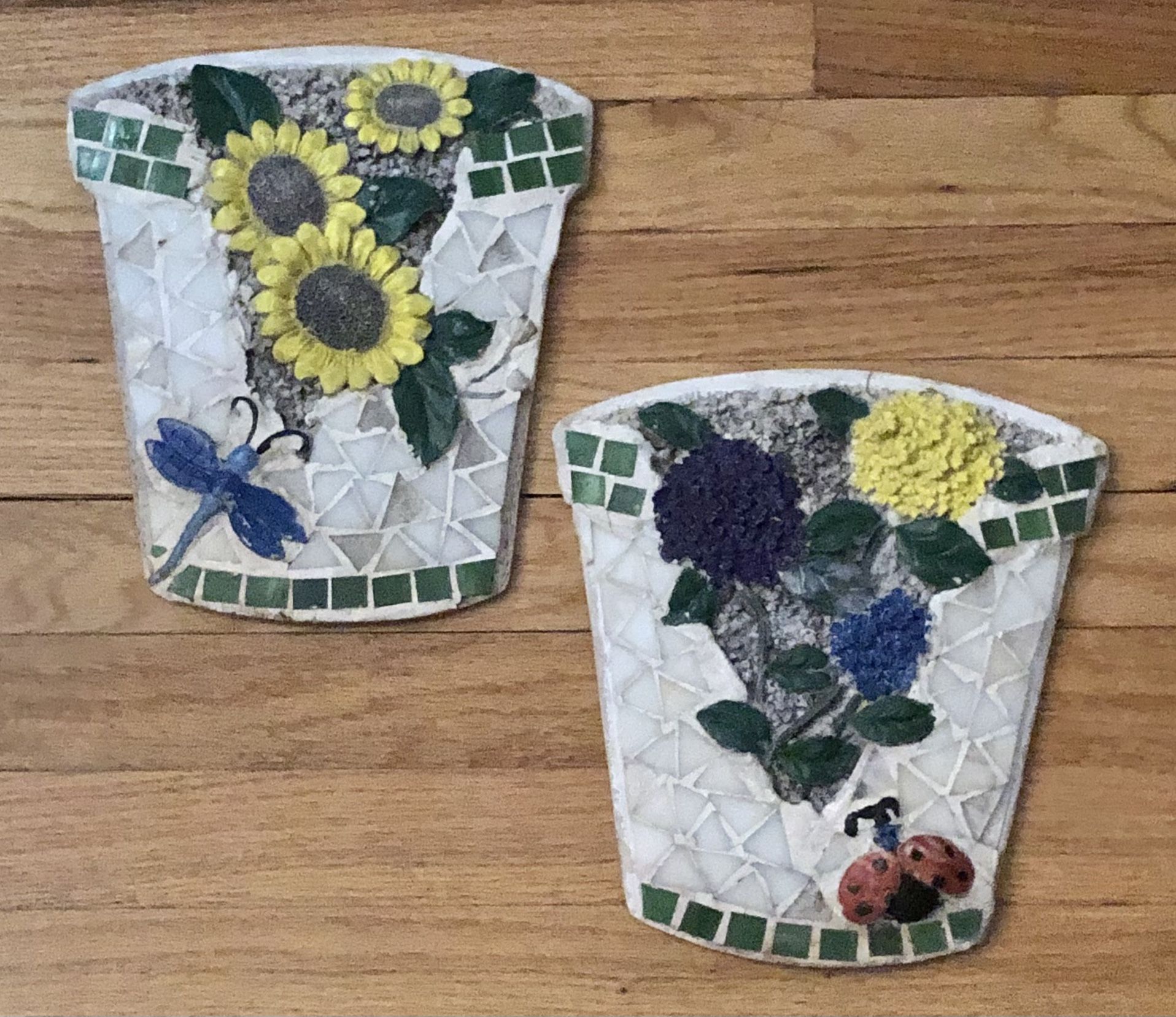Wall Art Floral Mosaic/Glass Planter Pot Shaped Wall Decor 10” Tall Set