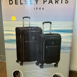 2 PIECE BLACK Delsey Paris Soft Sided Spinner Carryon Checked Bag Luggage 30" 23