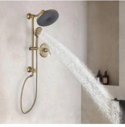 TOMFAUCET 2-Spray Patterns 10 in. Wall Mount Dual Shower Heads with 5-Setting Hand Shower System in Brushed Gold