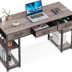Small Computer Desk: Home Table with Fabric Drawers & Storage Shelves, Modern Writing Desk, Grey Oak, 48"x16"