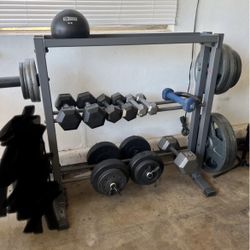 Weight Rack, Plates And Dumbbells