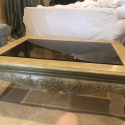 Solid Wood Coffee Table With Beveled Glass Top