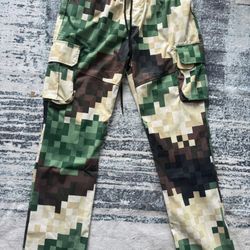 ORIGINALFABLES Men's Green Geometric Cargo Pants Elastic Waist Straight Leg L