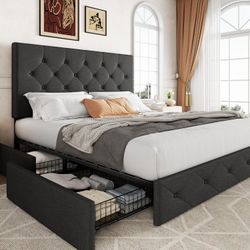 Allewie Queen Size Dark Grey Upholstered Platform Bed Frame w/ 4 Storage Drawers
