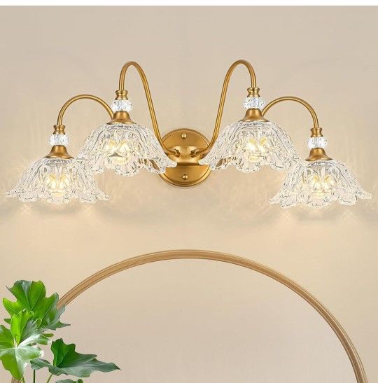 Vintage Matte Brass Finish Bathroom Vanity Light, 4-Light Vanity Light with Floral Glass Shades, Retro
