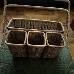 Vintage Wicker Rattan Divided Utensil Napkin Holder W/ Handles 