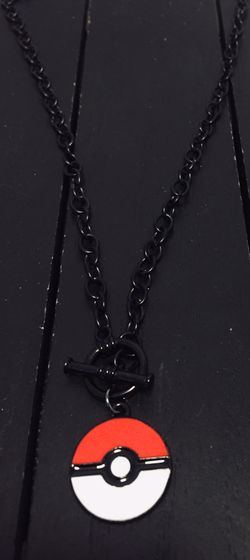 18.5 Inch/Black Vinyl Dipped Steel Chain Necklace with High Gloss Enamel Pokemon Charm Jewelry