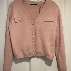 Tahari Pink Cropped Sweater Cardigan With Faux Pearl Buttons. Ladies Size Medium New With Tags