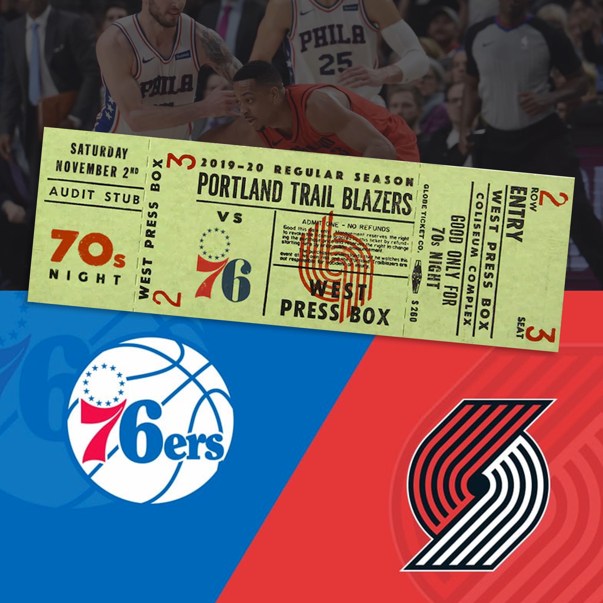2 tickets to Blazers to 76ers Nov. 2nd (70s night). Section 325 row J