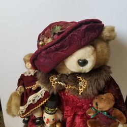 Vintage 80’s Plush Bearly People Christmas Bear Wood Solider Doll Wood Stand