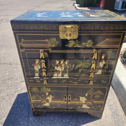 Beautiful Vintage Asian Cabinet With Drawers And Red Felt