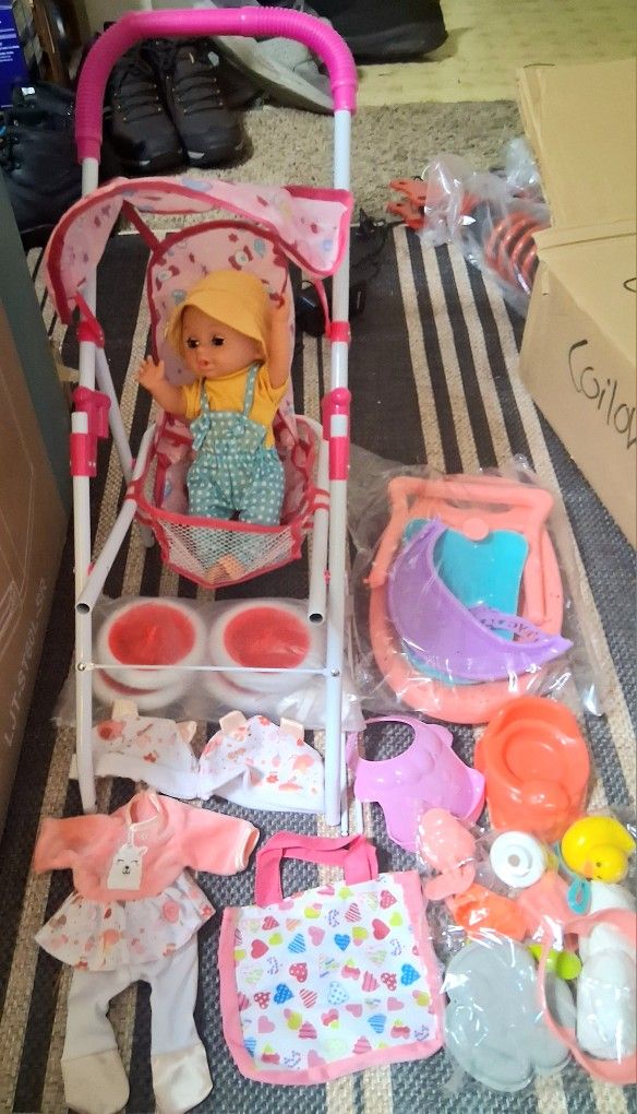 Baby Doll With Stoller And Accessories
