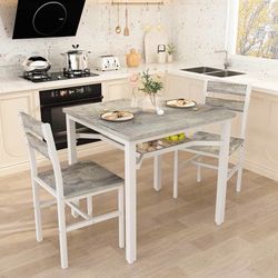 3 Piece Dining Table Set for 2, Small Wooden Kitchen Table with Storage, Farmhouse Square Dinette Set for Dining Room, Breakfast Nook, Apartment, Smal