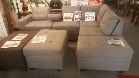 Brand new 102" x 81" grey or brown woven linen storage sectional + ottoman