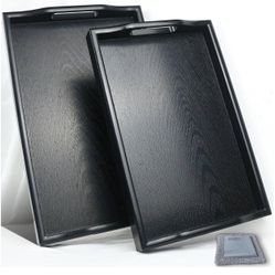 (3035) Plastic Serving Tray Set, 2 Black Trays with Handles, 16.5+14'', Napkin and Cleaning Clothes Included