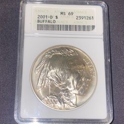 2001/D  ANACS. MS69 $1 Silver Buffalo US Bullion MS-69 Coin & Currency Blast White