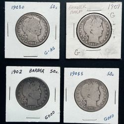 Set Of 4 Different Barber Halves In Circulated Condition 