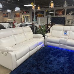 2 Pc White Reclining Sofa And Love With LED Lights Only $999