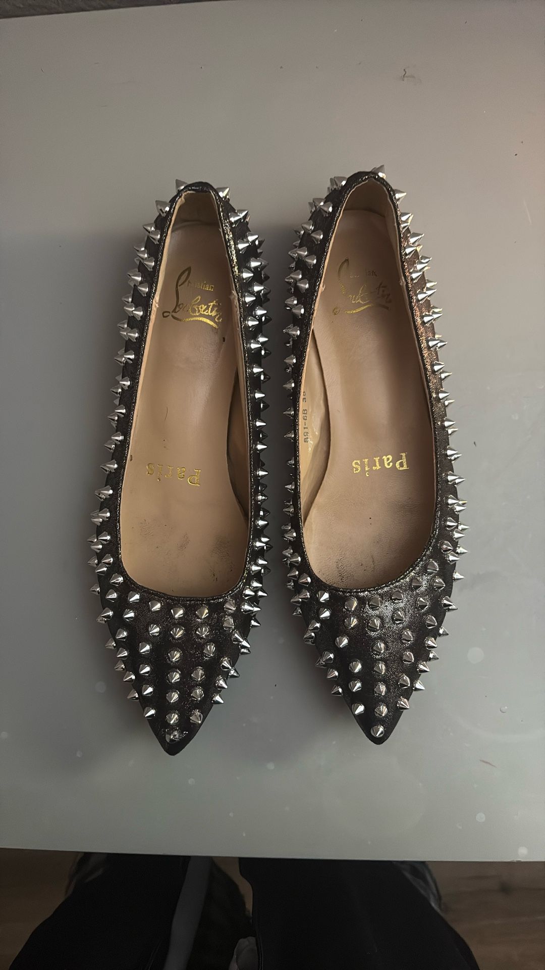 Authentic Christian Louboutin Black Leather Studded Pointed Toe Flats