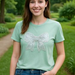 Women's Mint Green T-Shirt – Sequin Bow – Size M
