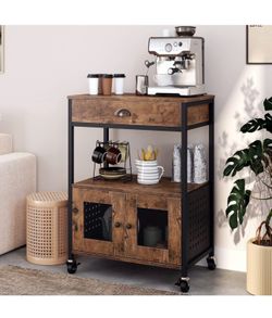 Coffee Bar Cart Cabinet,3 Tier Coffee Station Table on Wheels,Coffee Cart with Storage for Home Kitchen, Liquor Buffet Sideboard Cabinet, Rustic Brown