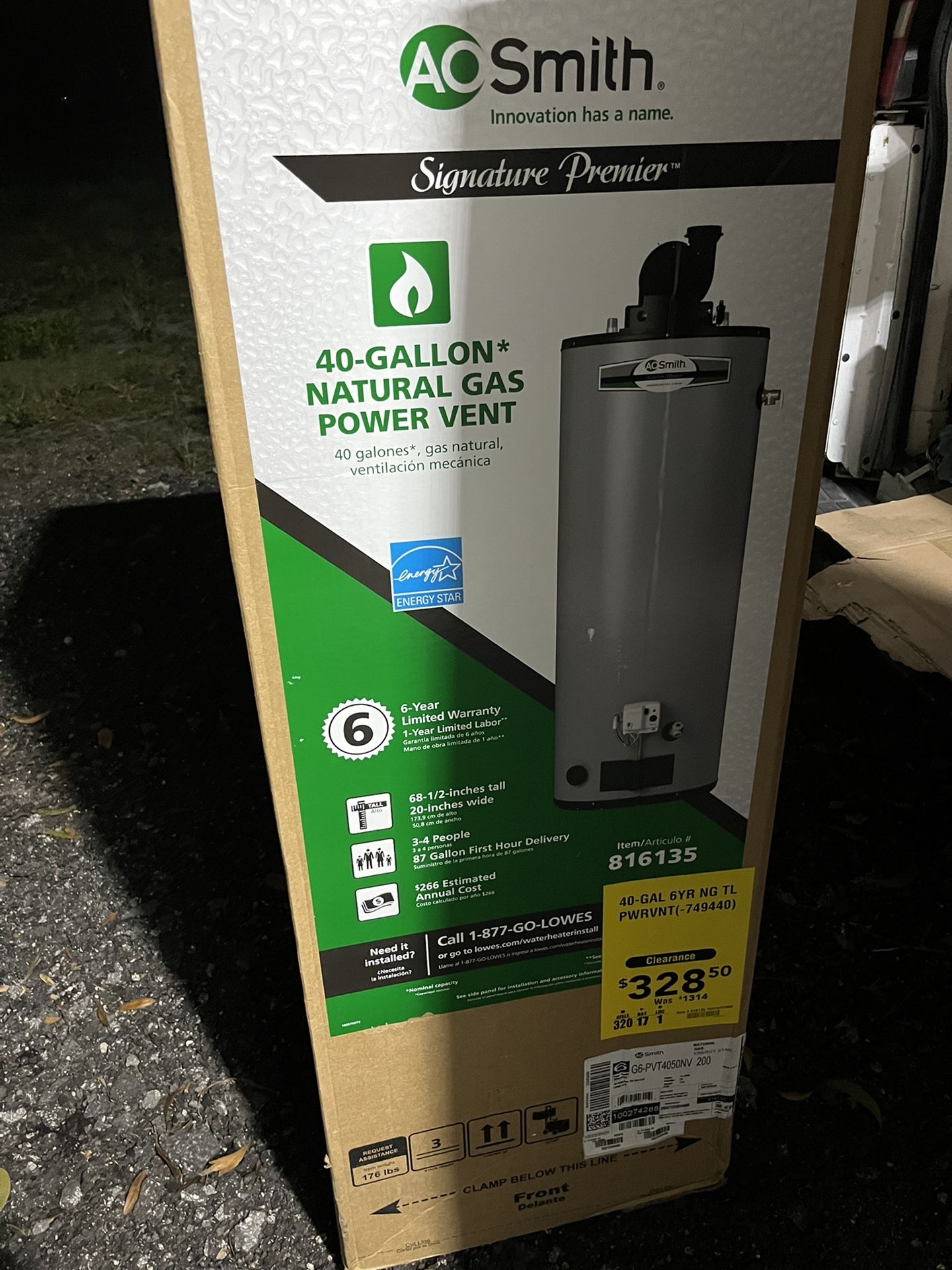 A.O. SMITH Signature500 40 Gallon Tall50000 BTU Natural Gas Water Heater