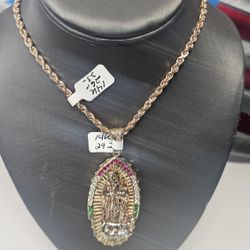 14k Solid 26inch 3.3mm Rose Gold Rope Chain And 14k Cz Pendant 