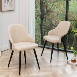 Set of 2,Modern Dining Chairs, Mid Century Beige Leather Upholstered Accent Arm Desk Chairs,Leisure Side Chair with Metal Legs and Bamboo Back for Liv