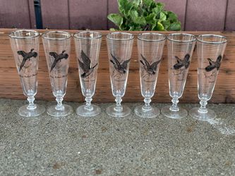 ⭐️⭐️ Vtg MCM Federal Glass Pheasant Pilsner Glasses Game Birds Set/7 Silver Trim EXC⭐️⭐️