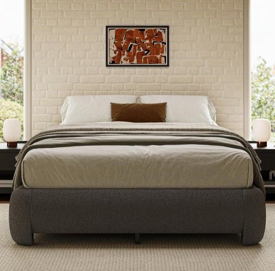 NEW- Cloud Bed Frame King Size, Soft Boucle Bed Frame with Round Corner- DARK Gray 