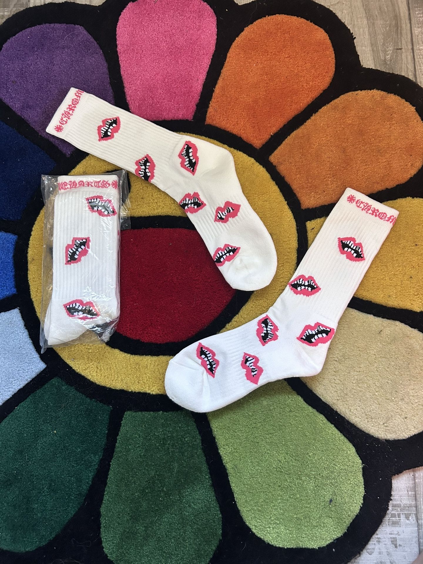 Pink And White Chrome Hearts Chomper Socks One Pair