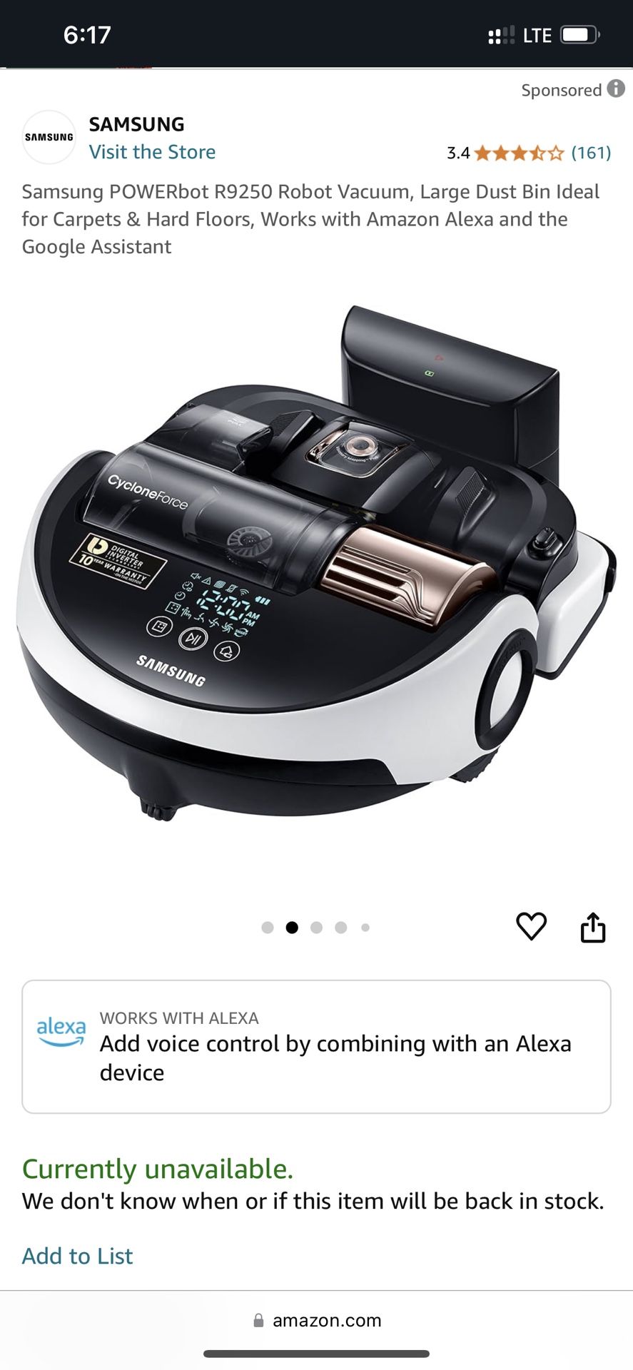 Samsung POWERbot R9250 Robot Vacuum, Large Dust Bin Ideal for Carpets & Hard Floors, Works with Amazon Alexa and the Google Assistant