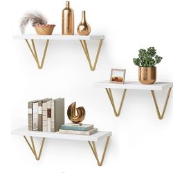 Amada White Floating Shelves - Wall Mounted Shelf with Triangle Golden Metal Brackets for Living Room, Bedroom, Kitchen Set of 3