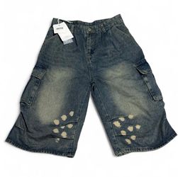 OOTD Denim Cargo Shorts with Distressed Detail