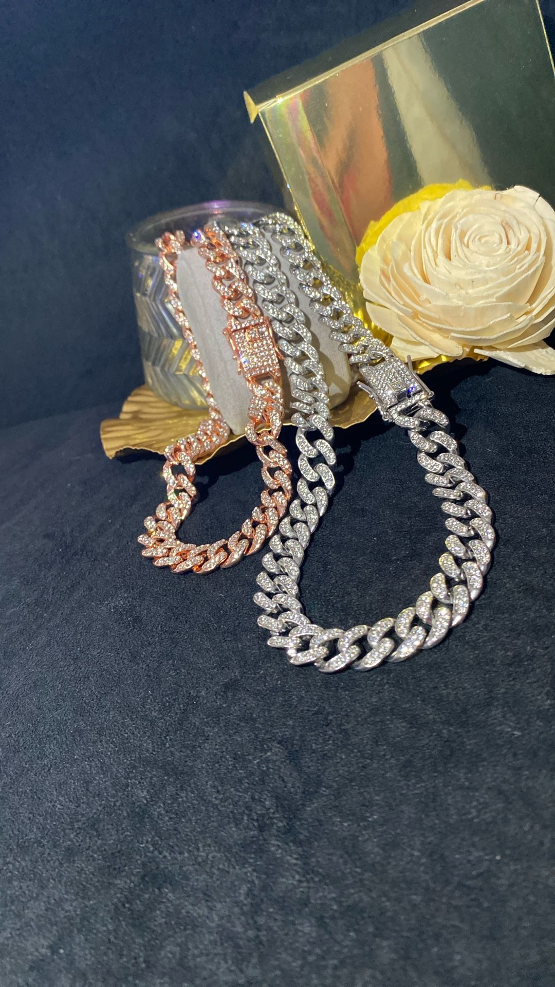 Rare rose gold 18 inch white silver 24 inch link chain set two pieces
