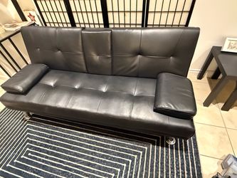 Black Faux Leather Futon Sofa Bed with Cup Holders