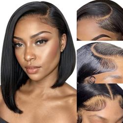 New-5x5 Bob Wig Human Hair Glueless Wigs Human Hair Pre Plucked Pre Cut HD Lace Front Glueless Wigs Human Hair 180% Density Short Straight Bob Wigs fo