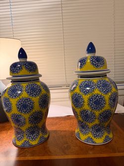 Vintage Large Yellow & Blue Ceramic Ginger Jars with Lids (Pair)