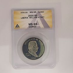 2000 Liberia $5 William H Taft Coin ANACS MS65 Cameo Presidential Commemorative